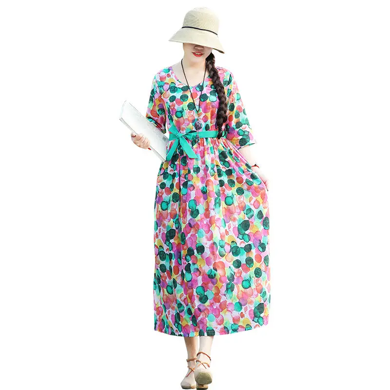 

2021 Women Spring Summer Vintage Floral Dress Lady Lace Up Half Sleeve V Neck Slim Pleated Dresses Casual Plus Size Vestido J101