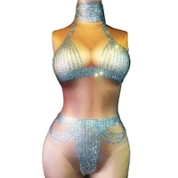 sparkling rhinestones bikini pattern printing bodysuit women personality performance costume ladies nightclub dance show wear