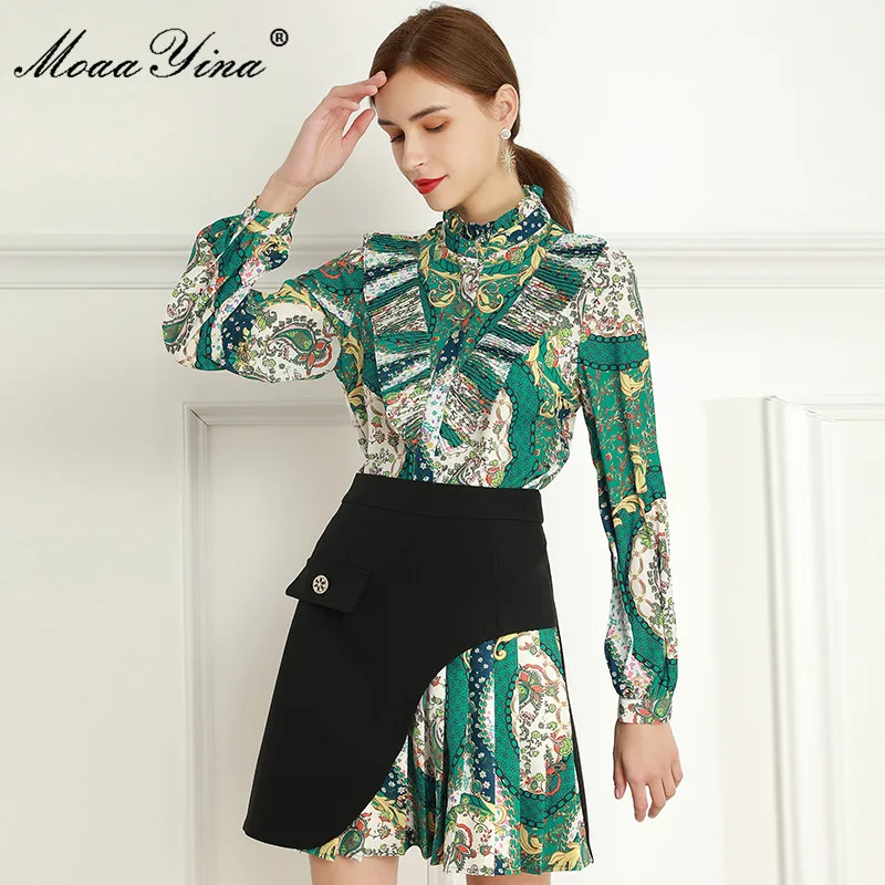

MoaaYina Fashion Designer Set Spring Women's Ruched Ruffles Vintage Print Blouses Tops+Skirt Beautiful Two-piece suit
