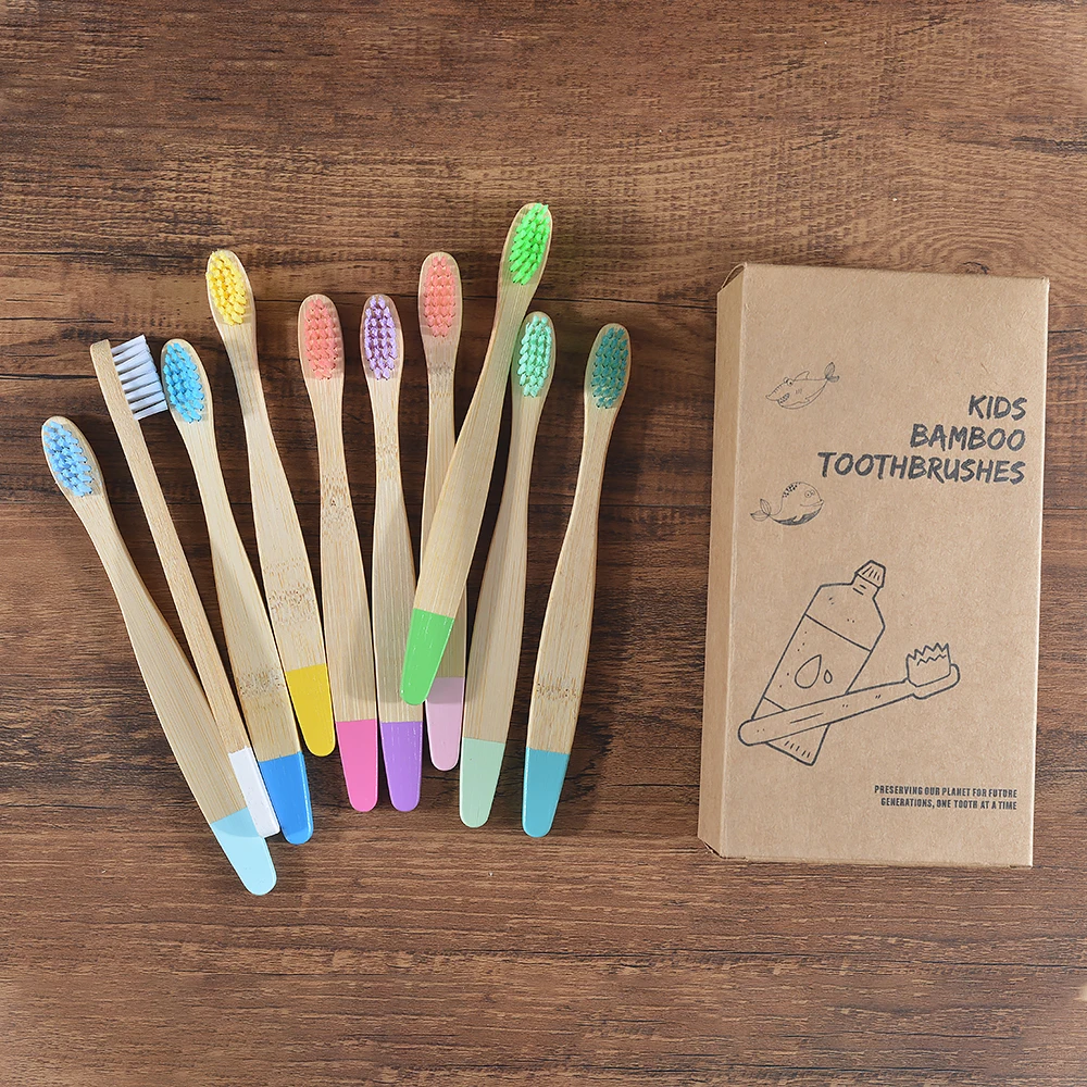 Children 10 Pieces Colorful Toothbrush Medium Bristles Bamboo Toothbrush Eco Friendly Kids Paint Zero Waste Plastic-Free Brushes