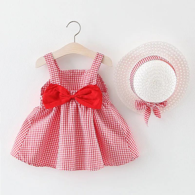 

Baby Girls Plaid Dress Cute Sleeveless Princess Dresses for Girl Kids Dress Beach Holiday Dress Newborn Clothing with Hat