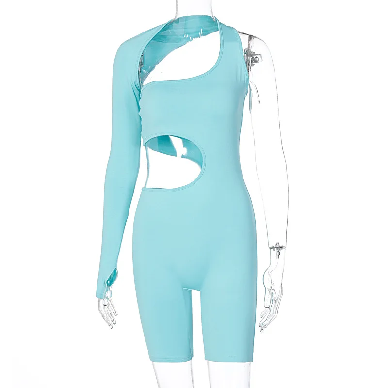 

Rompers Playsuits Women Summer Outfits 2021 Long Sleeve One Shoulder Jumpsuit Shorts Sexy Hollow Out Gym Clothing Sports Wear