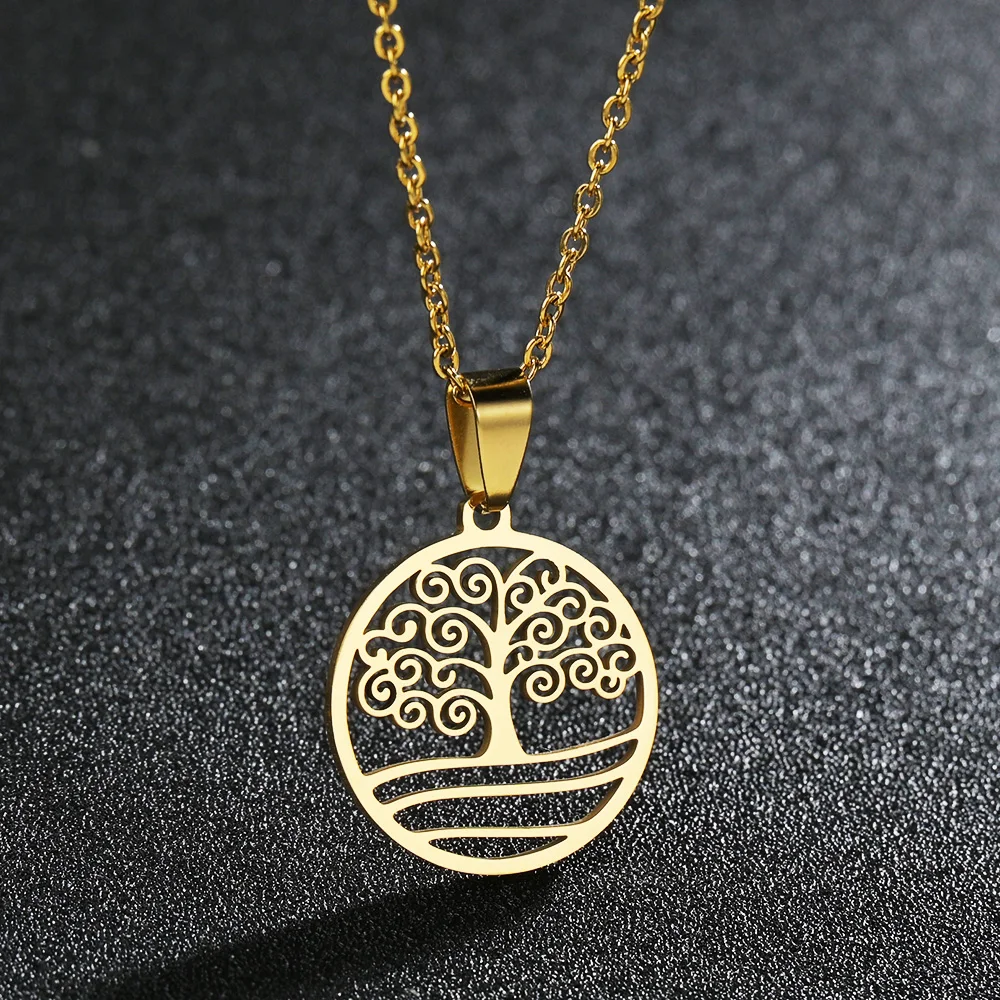 

Stainless Steel Necklace Tree of Life Round Pendant Necklaces Long Chain Bijoux Collier Elegant Women Girl Jewelry Gift Wholsale