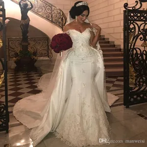 Elegant Beaded Lace Wedding Dresses With Detachable Train Off Shoulder Mermaid Bridal Gowns Applique Ivory Satin Wedding Dress