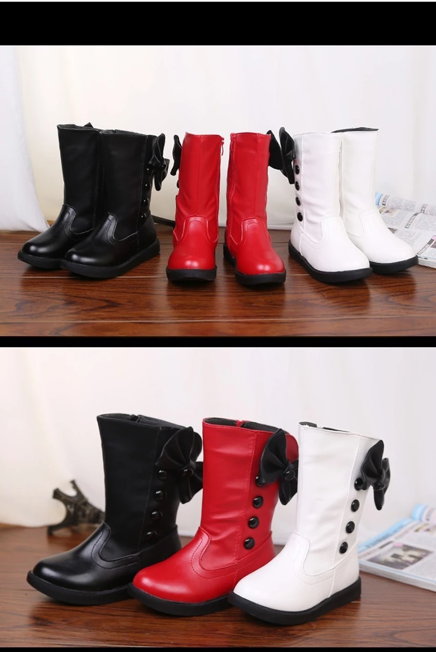 Girls Fashion Boots Autumn Winter Platforms PU Leather Mid-calf Princess Boots Butterfly-knot Ornament Toddler Kids Shoes