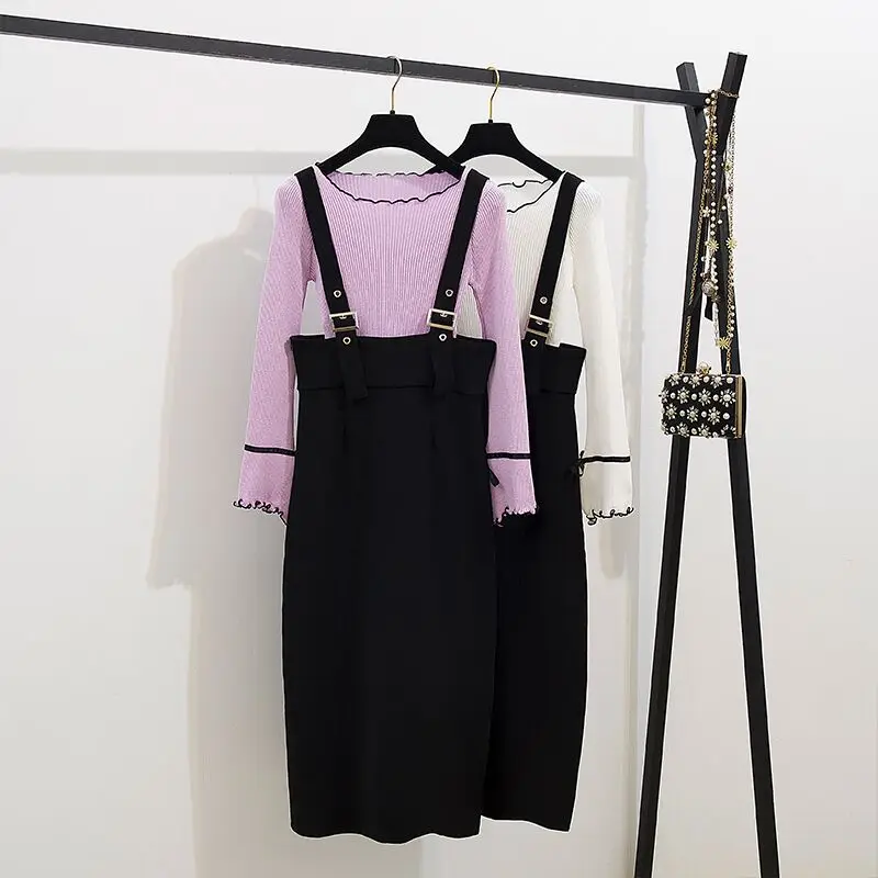 Autumn Women Flare Sleeve Knitted Bow Top+Mid-Long Black Suspender Skirt Set Streetwear Two-piece Set Strap Skirt Overalls