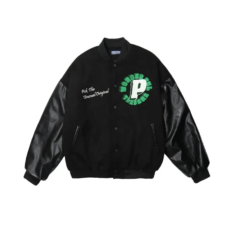 

Baseball uniform female ins trend autumn and winter PU leather stitching loose bomber jacket fried street port style bf jacket