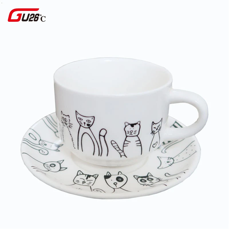 Набор керамических чашек и блюдца с низким содержанием чая милый дизайн кошек