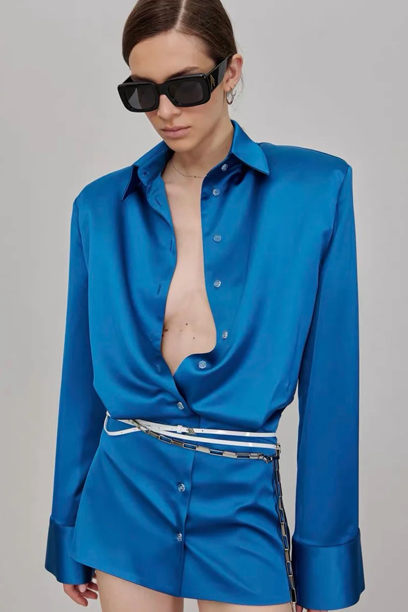 

Shirt Dress 2021 Spring New Dark Blue Long Sleeve Slim Temperament Short Tight Buttock Skirt Elegant Party Women Dress