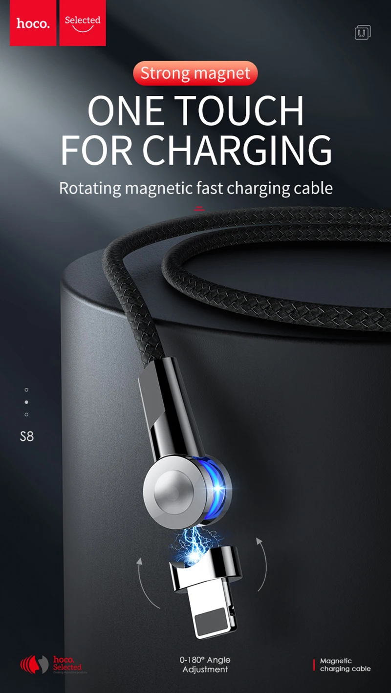 HOCO 180 градусов вращающийся магнитный кабель 3A Быстрая зарядка Micro usb type C кабель светодиодный провод для Apple iPhone samsung Xiaomi huawei