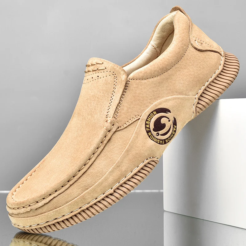 

Genuine Leather Men's Loafers Fashion Hand Stitched Slip-On Shoes High Quality British Casual Shoes Comfortable Men Flat Shoes