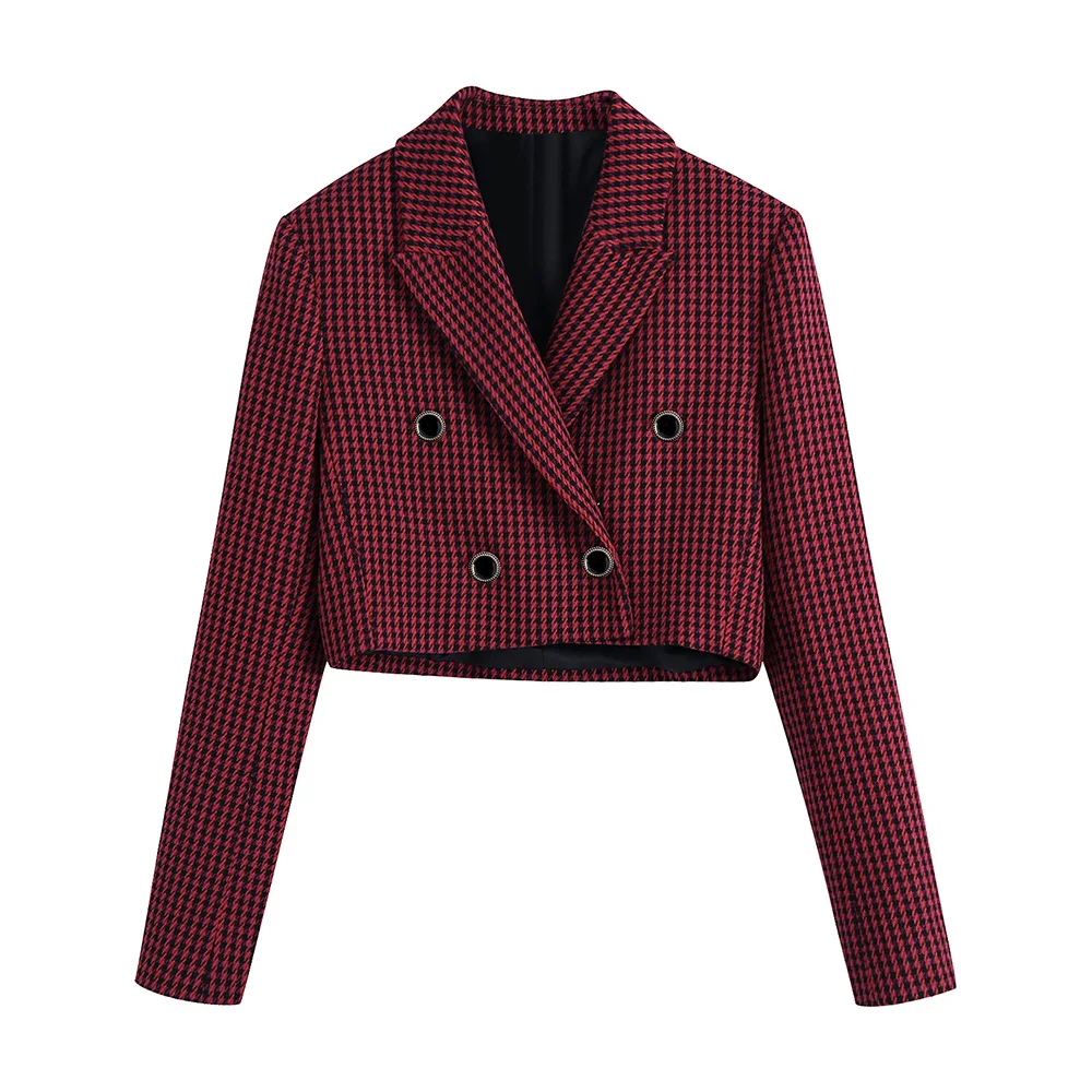 

Cropped Blazer Jacket 2022 Fashion Women Clothing Street Style Houndstooth Blazers Peak Lapel Long Sleeve Double Breasted Blazer