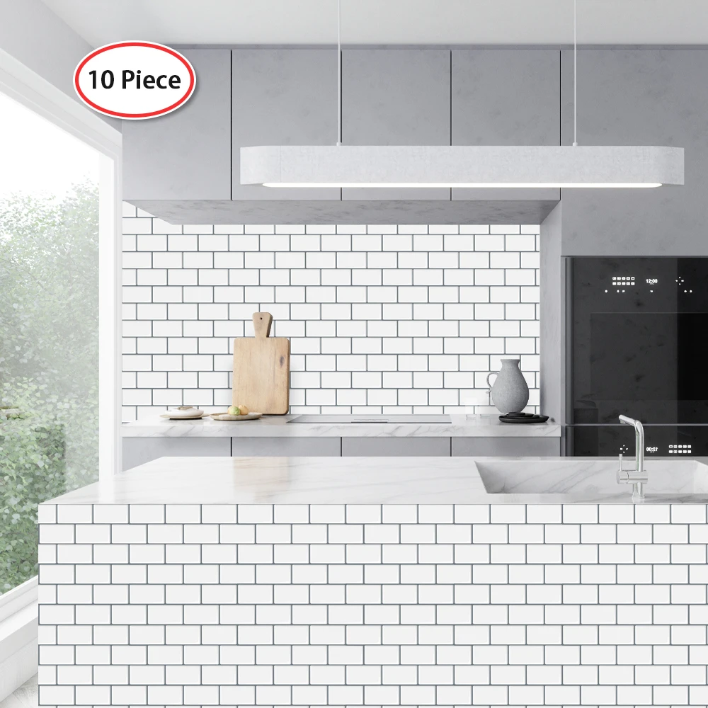 10 sheet peel and stick backsplash 12 in x 12 in subway self adhesive kitchen tiles mono white with gray grout free global shipping