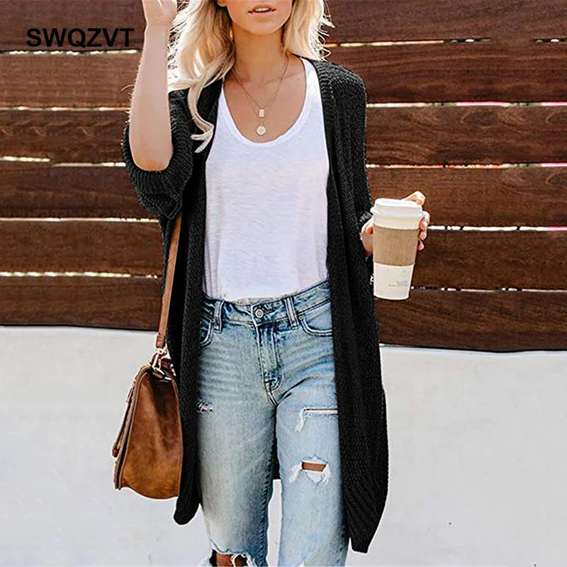 Женский вязаный кардиган повседневный свободный однотонный длинный на осень и