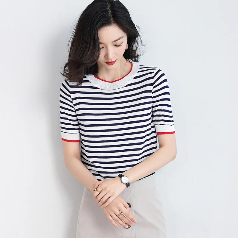 

Женские вязаные пуловеры с коротким рукавом, повседневные полосатые топы из ледяного шелка, для лета, 2020