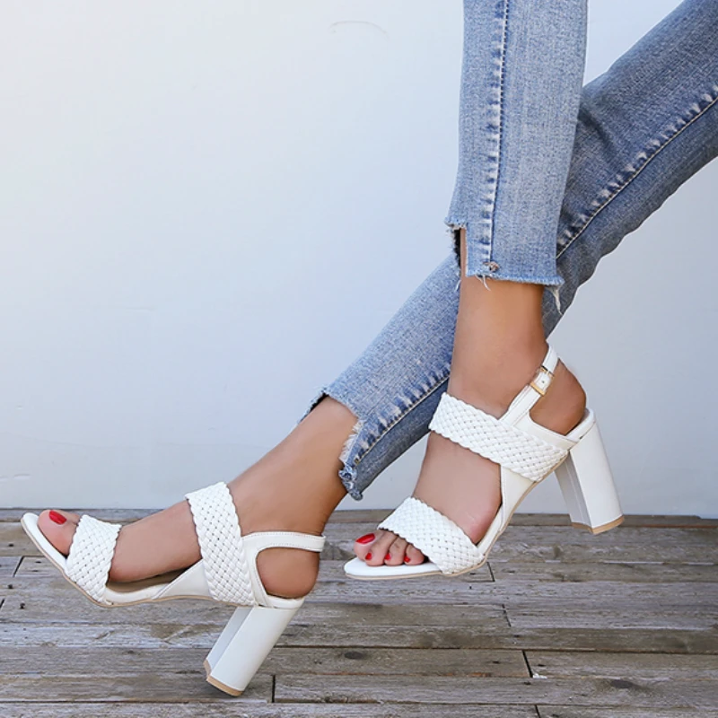 

Women Shoes Ankle Buckle Heels Women Sandals Summer Shoes Women Open Toe Chunky High Heels Party Dress Sandals Big Size 34-44