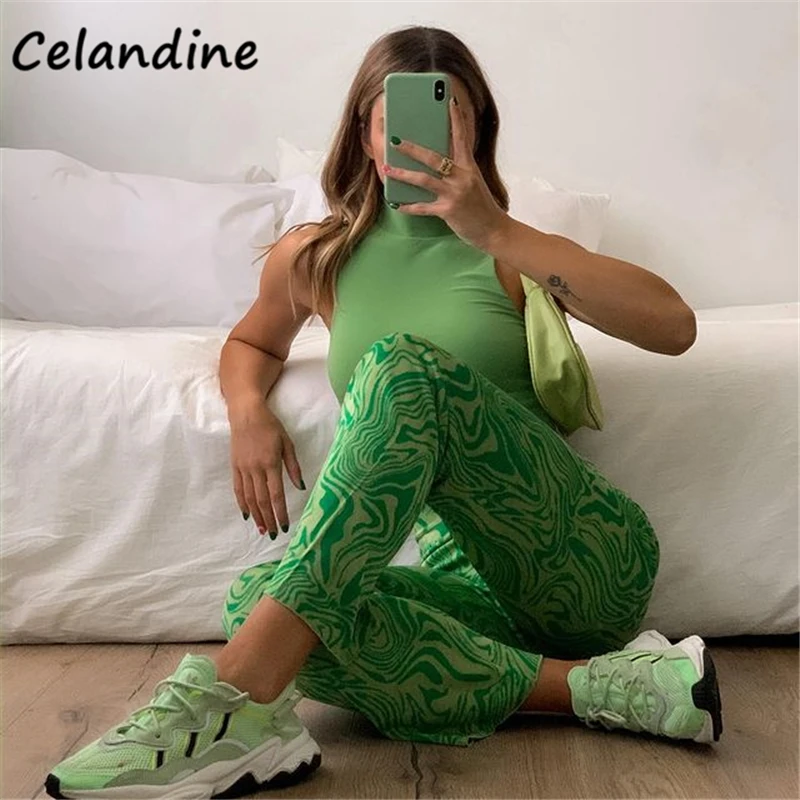 

Celandine Summer Chic Sexy Women Y2K High Tie Dye Waisted Skinny Green Pants Capris Baggy Casual Trousers Sweatpants Female 2021