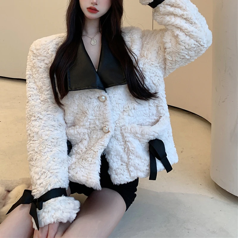 PERHAPS U Women Elegant Winter Faux Rabbit Fur Spliecd PU Leather Lace Up Tie Bow Pockets Pearl Slim Jacket Outwear Coat C3027 enlarge