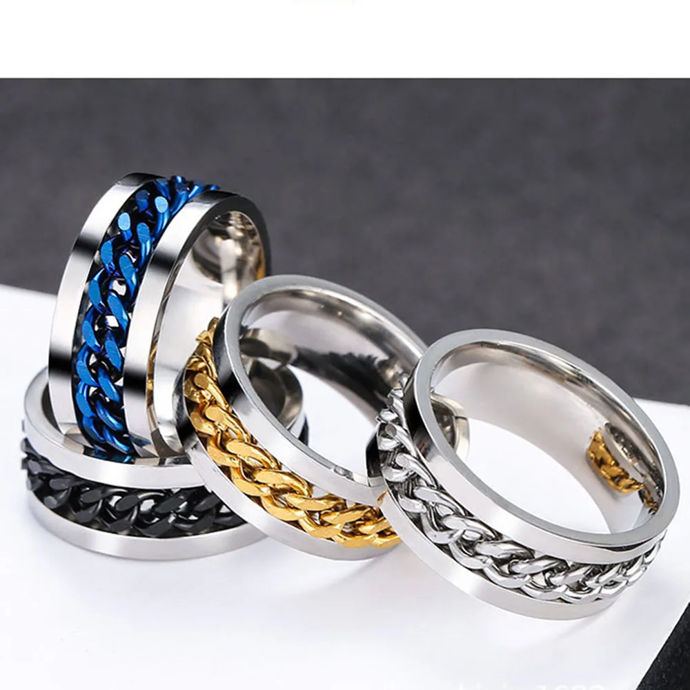 Stainless steel 316L ring men jewelry sliding chain 8mm cool rotating rotatable link punk male Anel League | Украшения и