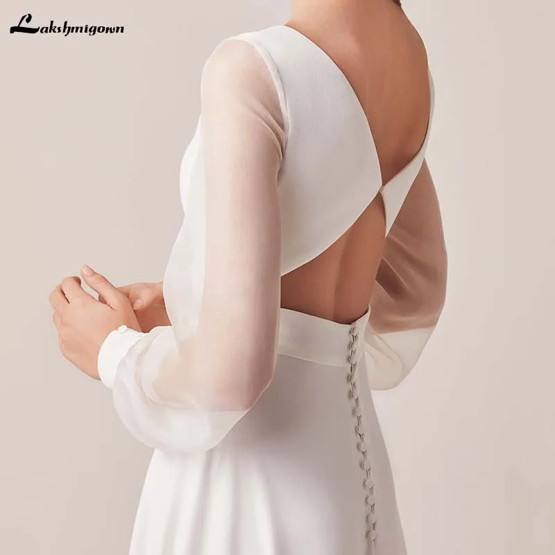 

Lakshmigown Beach Country Wedding Dresses A-line V-Neck With Long Sleeves Backless Draped Bridal Gown Illusion Bodice