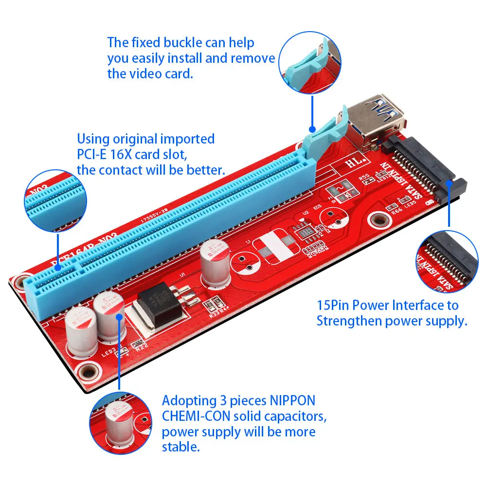 

PCI-E Riser Card 60cm USB 3.0 Cable PCI Express 1X to 16X ExtenderPCIE Adapter Card SATA With SATA 15 Pin PCI For Miner Mining