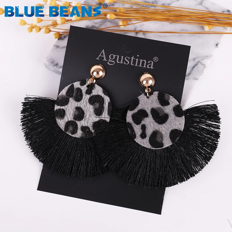 Женские богемные серьги с большими кисточками Длинные круглые леопардовые
