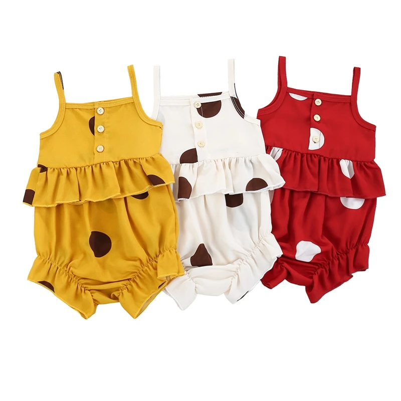 

Летний комплект из двух предметов для девочек, модный топ на бретелях с пуговицами в горошек и короткие брюки с оборками