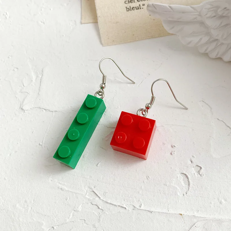 red green Забавные яркие строительные блоки Висячие серьги милые цветные геометрические Асимметричные для женщин и девочек детские ювелирные изделия подарок - Окраска металла: red green