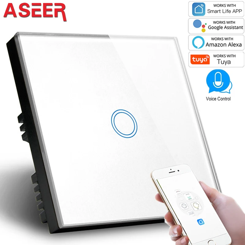 

ASEER,UK Standard 1 Gang WIFI Switch,White Crystal Glass Panel 110-240V Smart home Light Switch,Work With Alexa Google Assistant