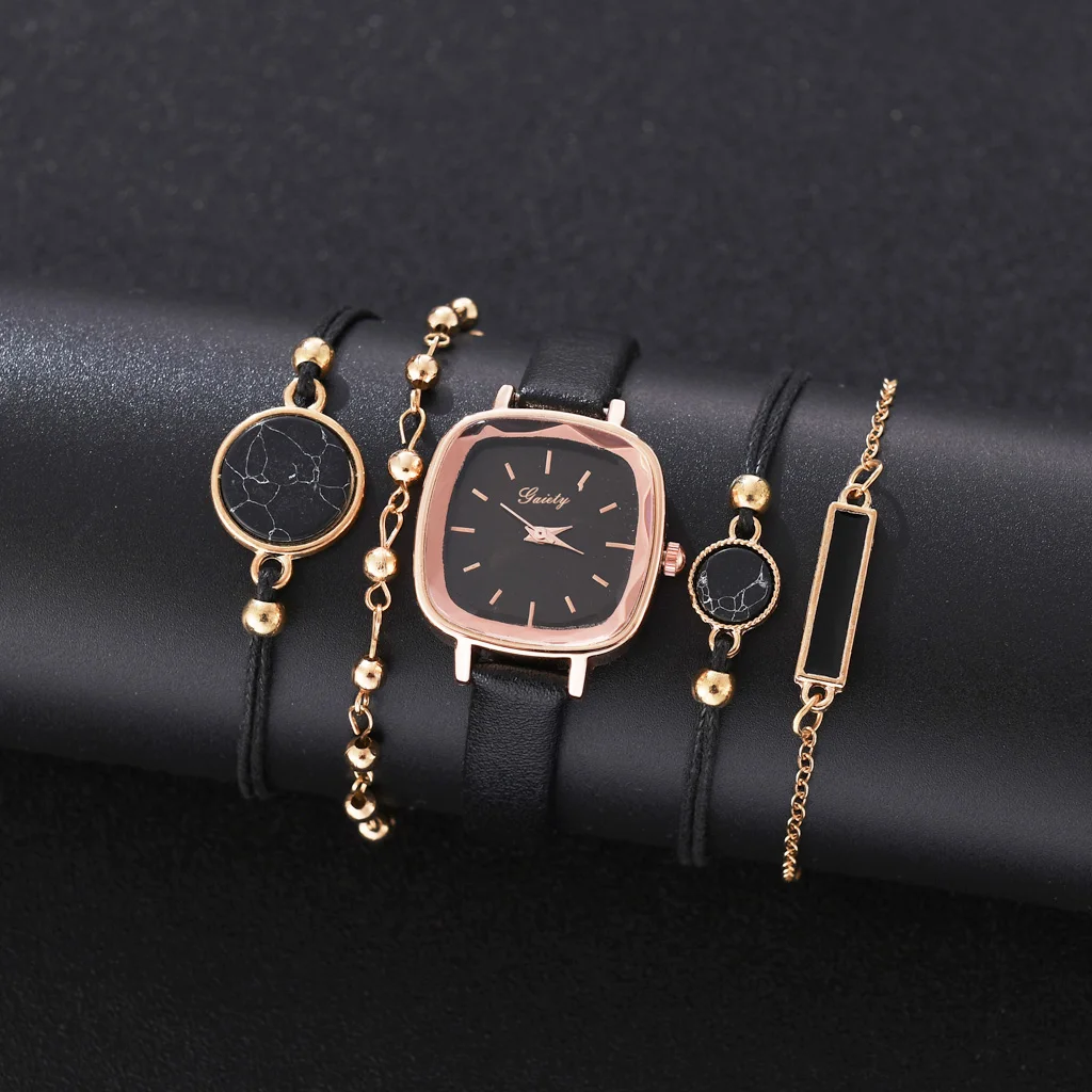 

Gaiety 5pcs Set New Fashion Women Watch Luxury Leather Band Analog Quartz WristWatch Ladies Watch Women Reloj Mujer Black Clock