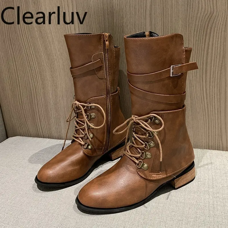 

New Women's Boots Denim Winter Lace-up Martin Boots Thick Heel Shoes Motorcycle Boots High-heeled Couple Booties Calf Boots