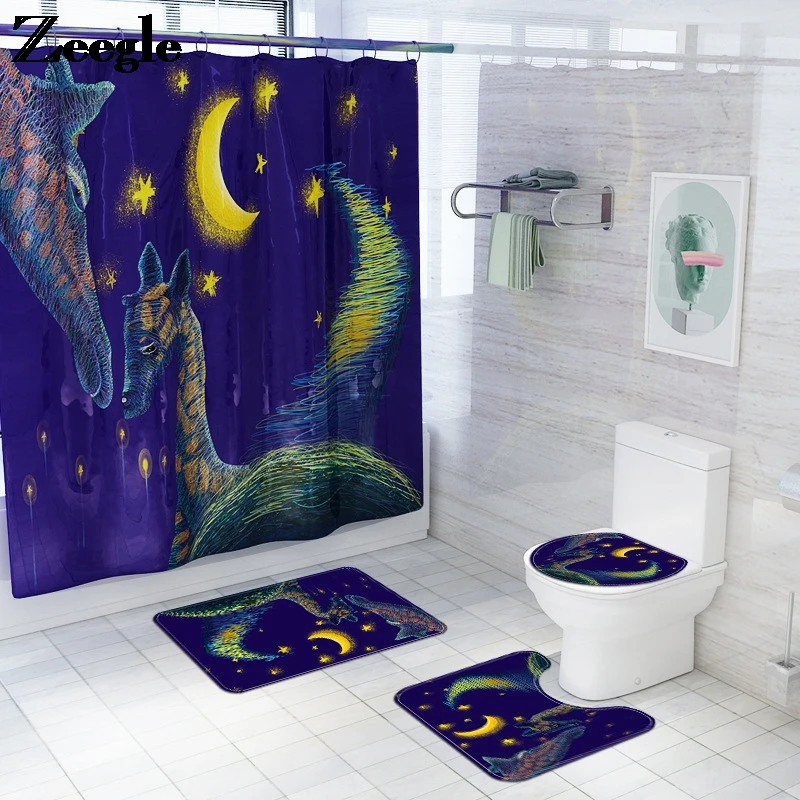 

Home Decor Bath Mat and Waterproof Shower Curtain Set Absorbent Toilet Seat Cover Mat Toilet Rug Shower Room Mat and Curtain Set