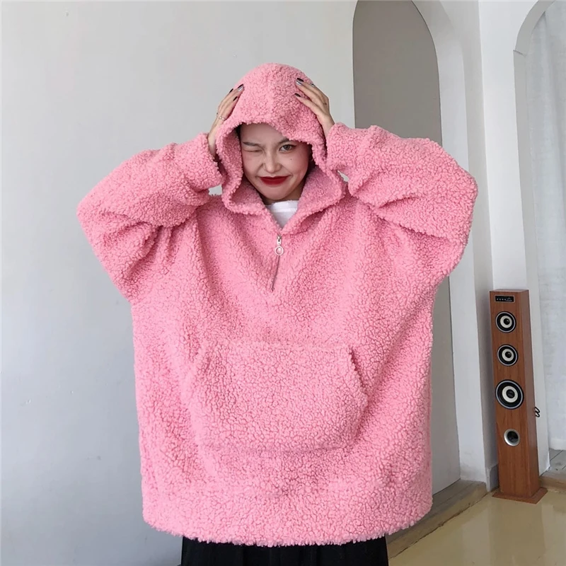 

Yangelo Lambswool Hooded Pullover Women 2020 Winter Woman Oversize Warmth Thick Sweatshirt Female White Pink Top Loose Casual