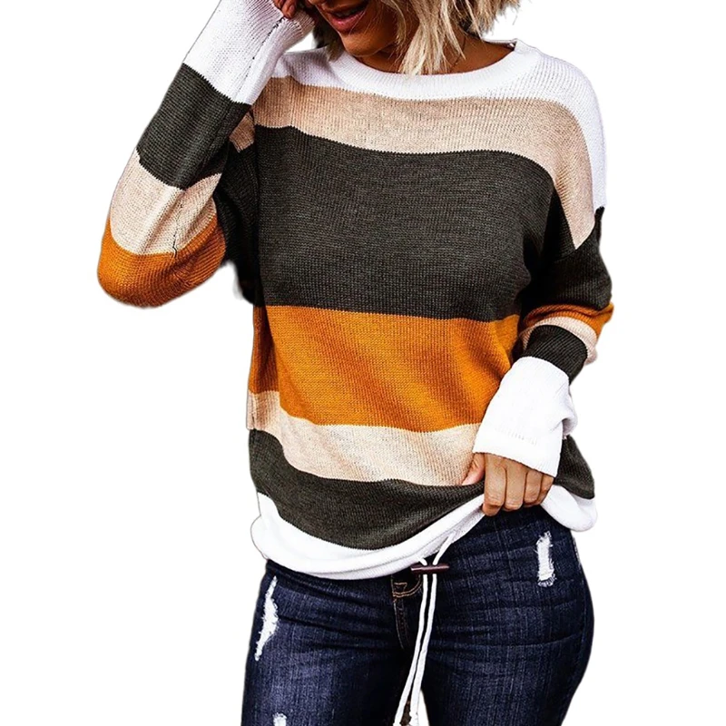 

Women Striped Patchwork Sweater Loose Round Neck Knitted Pullover Jumper Casual Streetwear Female Tops Tunic