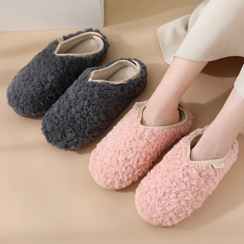 

Cotton Slippers Women's Autumn and Winter New Solid Color Non-slip Fashion Versatile Household Home Warm Couple Men's Fur Shoes