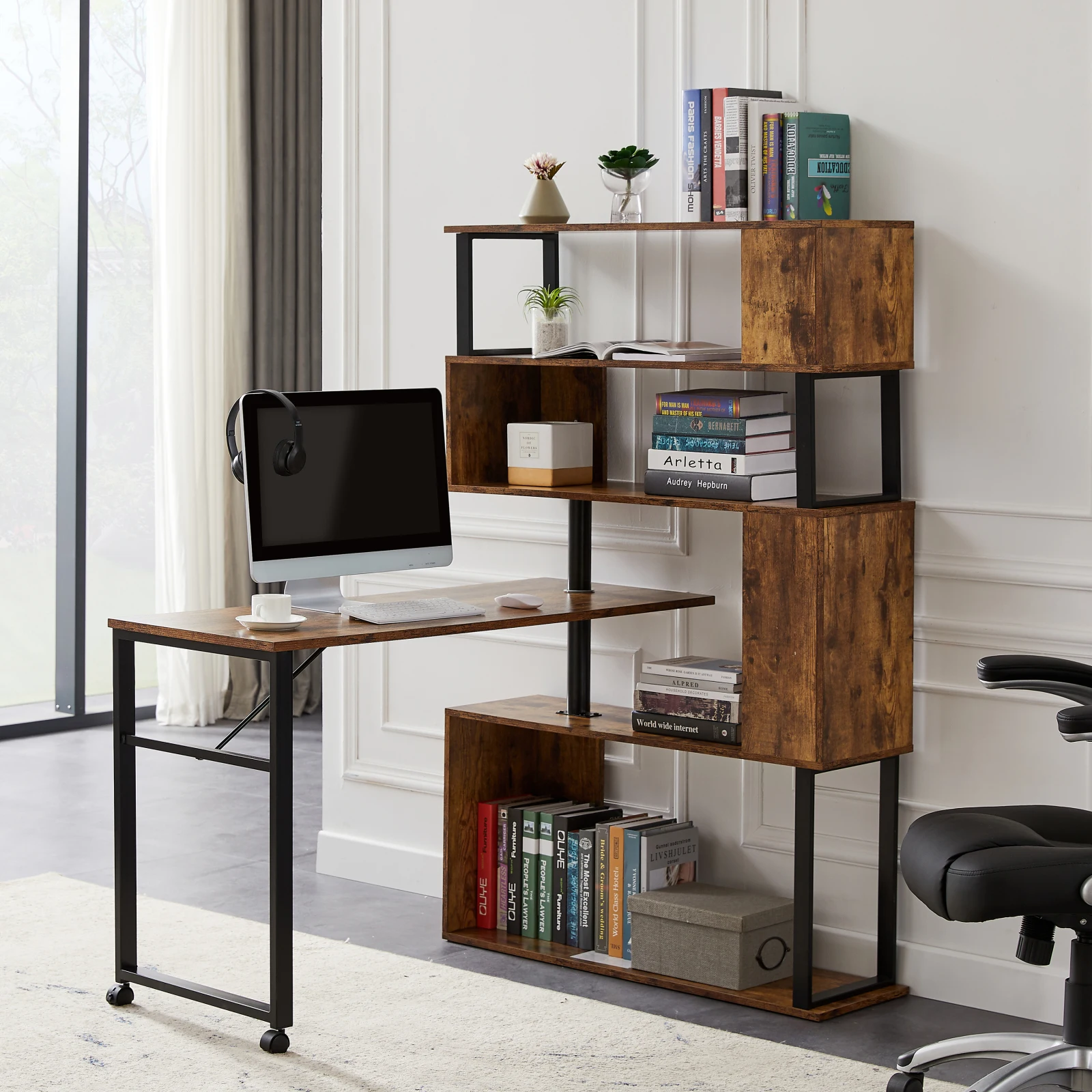 

Rotating Computer Table L-Shaped Home Office Computer Desk Corner Table with 5-Story Bookshelf Lockable casters Storage Shelf
