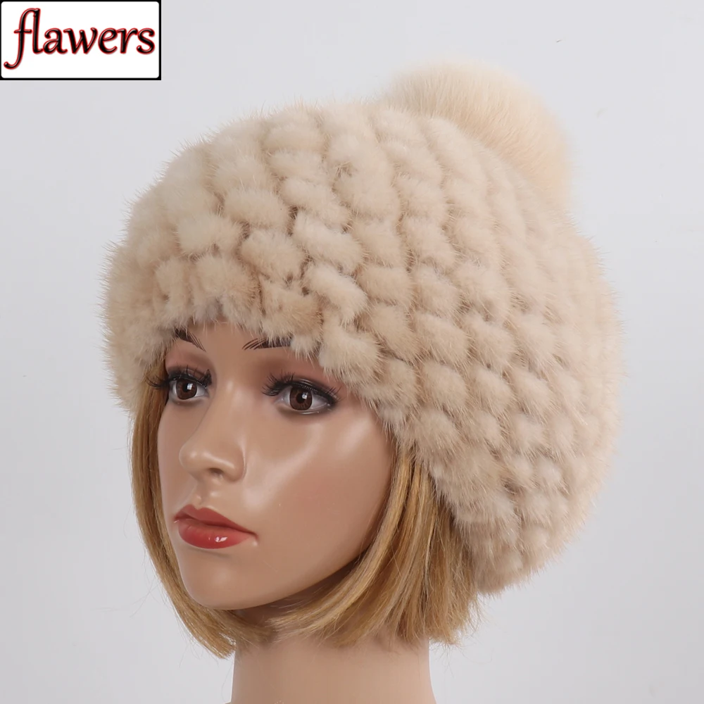 Лидер продаж На зимнем меху женские шапки вязаные теплый натуральный мех норки