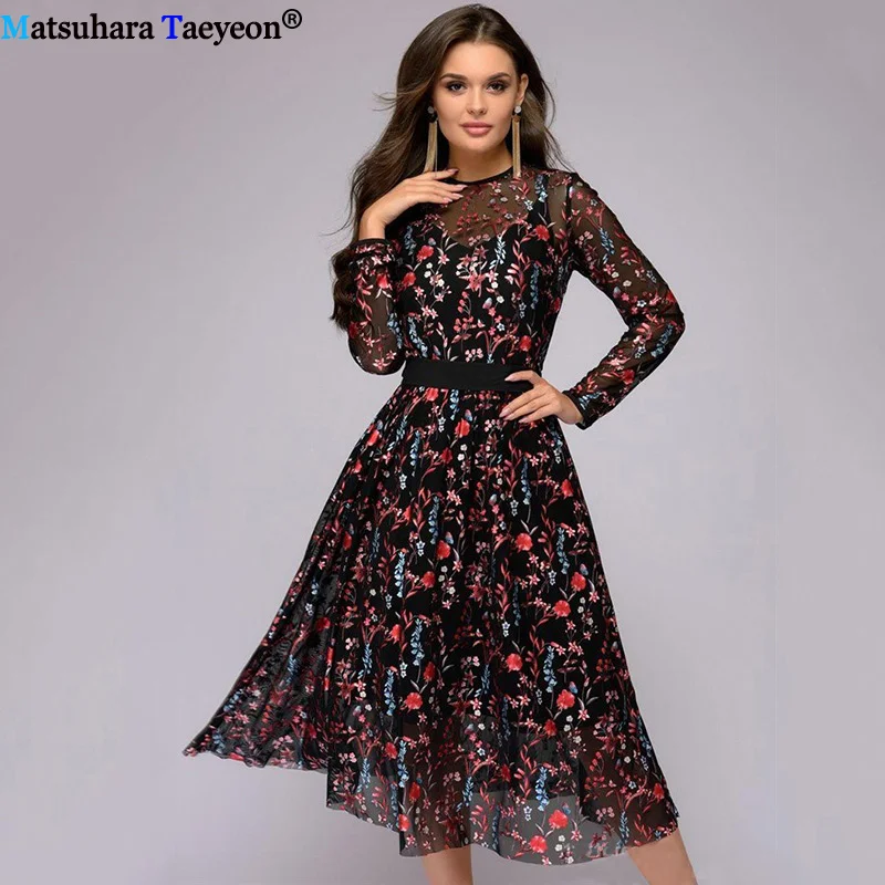 

2019 new fashion women's dress Floral Elegant Digital Printed Long Sleeve Thin Dresses Elegant long dress Vintage clothing
