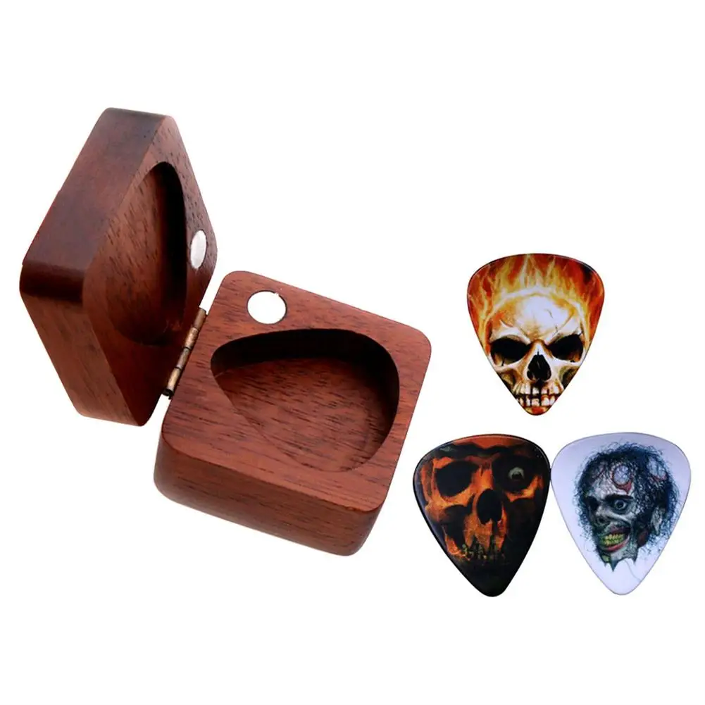 

1 Set Solid Wood + Celluloid Guitar Picks Wooden Box Wooden Picks Case Container with 3pcs Skull Pattern Guitar Picks