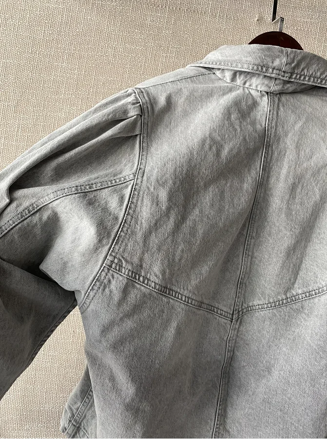 

Women Gray Denim Jacket Double Breasted Puff Sleeve 2020 Autumn Winter Casual Coat