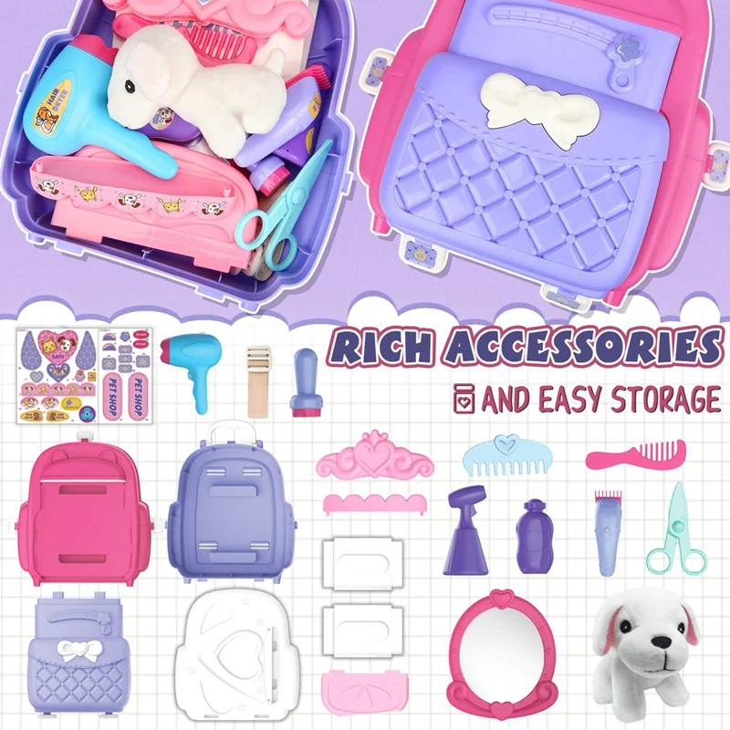 

Kids Pet Care Grooming Toy Pet Beauty Salon Toys Set Dog Care Role Play Backpack Games Pretend Play Toy Pet Groomer Kit