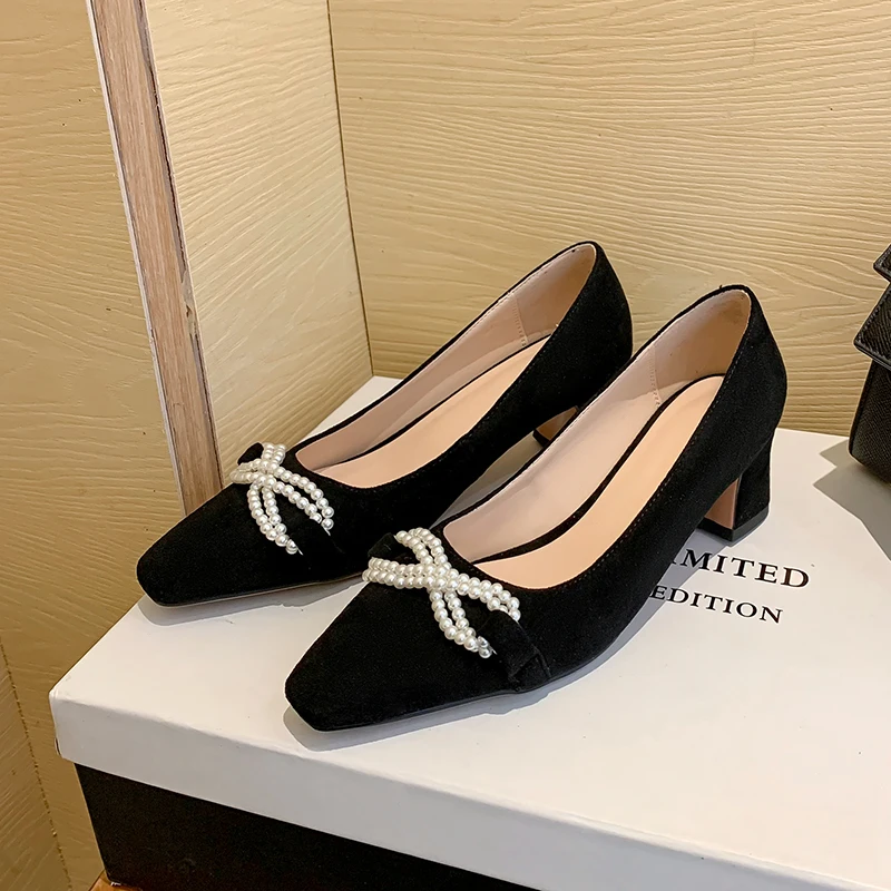 

Beef Tendon Bottom Beaded Bow Thick Heel High Heels Square Toe Flock Pumps Ladies Set Foot Matte Mary Jane Shoes