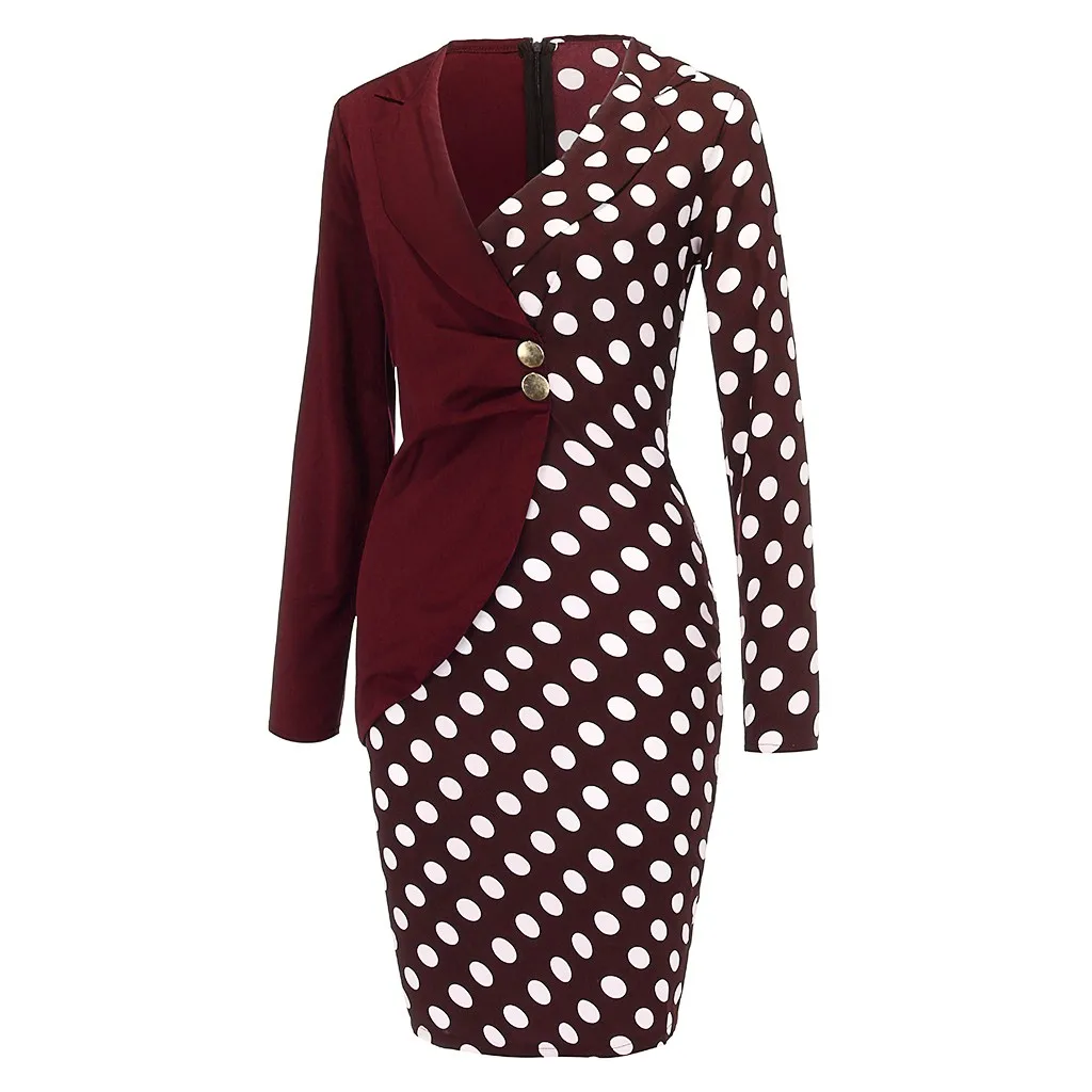 Feitong женская мода платье Vestido длинный рукав пуговицы узор в горошек пэтчворк