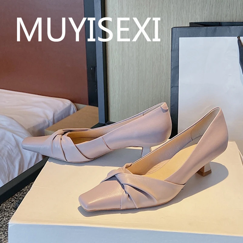 

Sweet bowtie genuine leather shoes square toe pure color 4.5cm med heel fashion silp on all-match work party pump DMJ36 MUYISEXI