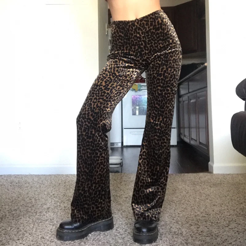 

Retro Harajuku Leopard Long Trousers Female Streetwear Elastic Waist Aesthetic Pants Vintage Grunge Velvet Pants