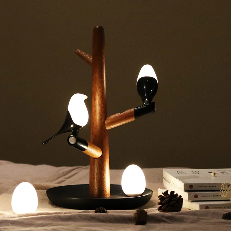Creative Cartoon Bird Light Bird Egg Light Detachable Easy To Install Natural Wood Children'S Bedroom LED Induction Night Light
