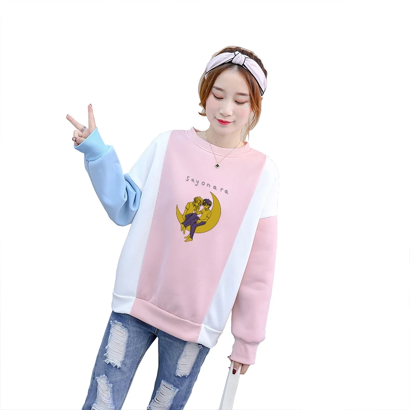

Kawaii Anime y2k Hoodies Women Fleece Hit Color O-ncek Tops Cute Banana Fish Cartoon Printed Harajuku Female Sweatshirt Clothes