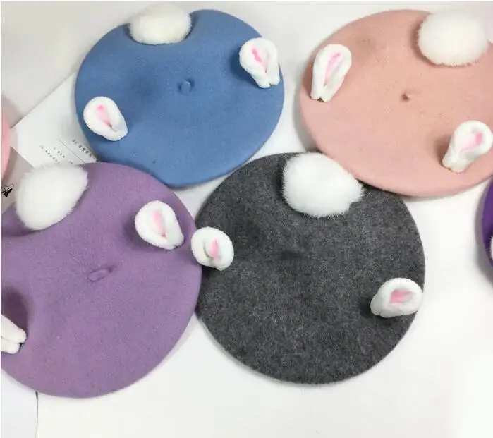 Handmade Wool Felt Berets Women Fashion Valentine's Day Gift Cute Rabbit Ears Winter Hat For Vintage Pink Caps | Аксессуары для