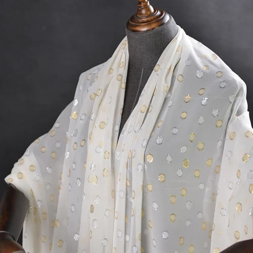 Чистый Шелковый жоржет марлевые ткани Серебряный и Золотой горошек дизайн SCG426 |