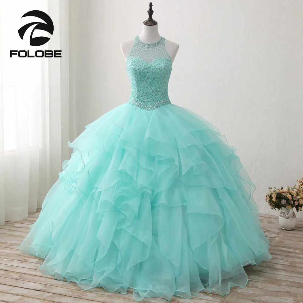 

Милое 16 бальное платье с лямкой на шее и оборками Vestidos De 15 anos, роскошное бальное платье с кристаллами и бусинами, длинное платье